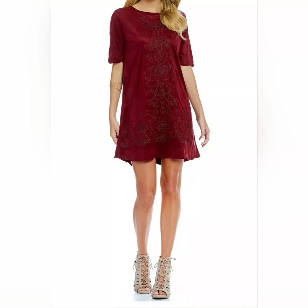 Miss Me Embroidered Faux Suede Red Wine Scalloped Hem Shift Dress